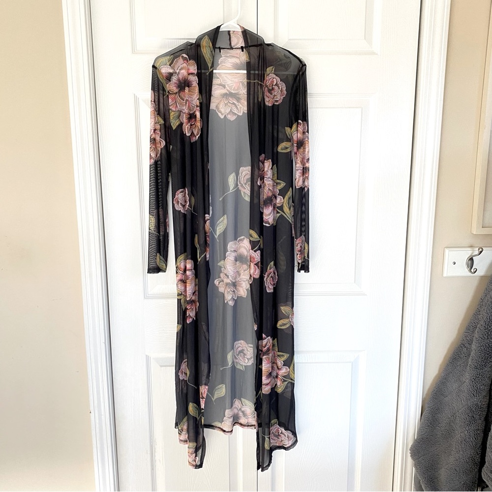 Sheer, black and floral long kimono